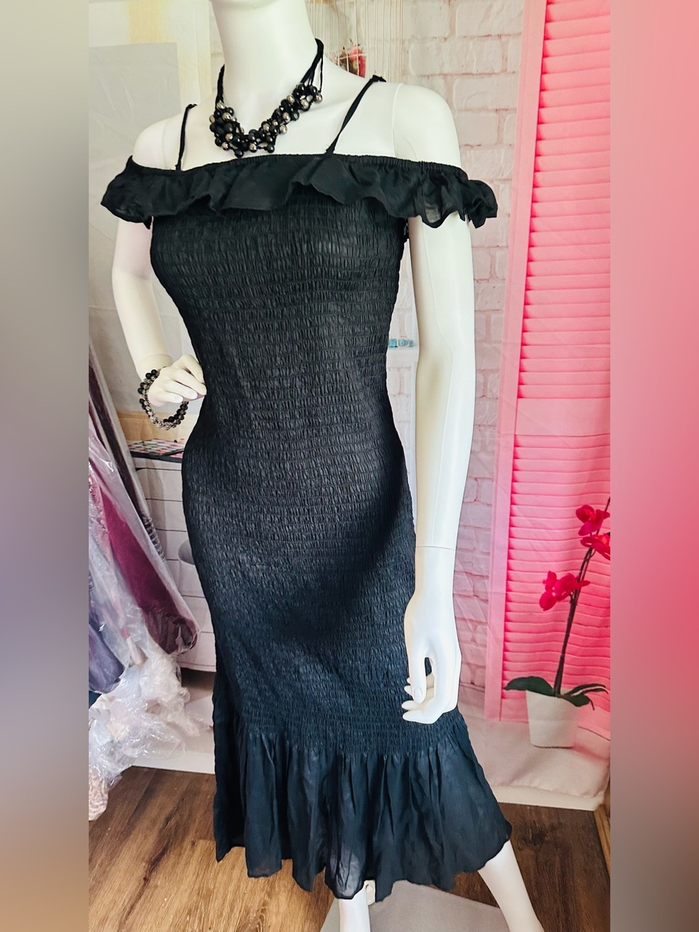 Anthropologie Black Smocked Ruffle Off-Shoulder Dress - Picture 6 of 15